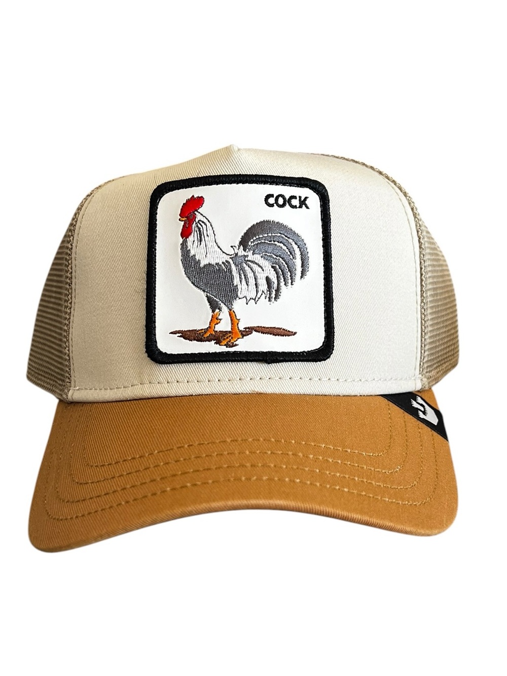 New Goorin Bros White Rooster Embroidered Patch Snap Back Tan Brown Trucker Hat